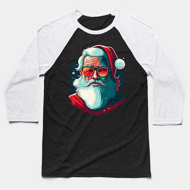 Santa Face Retro Sunglasses Christmas Xmas Baseball T-Shirt by nadenescarpellos